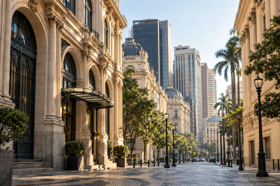 Vista urbana do Centro do Rio de Janeiro com edifícios históricos e palmeiras